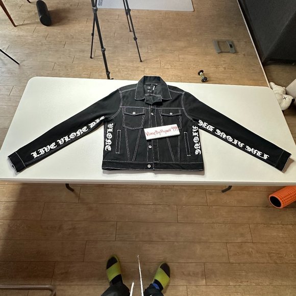 Vlone Live Alone Die Alone denim jacket, SIZE XL, Black & White